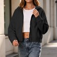 thumbnail image 3 of Hooded Zip Women Cropped Jackets Long Sleeve Sweatshirt with Pocket,Drop Shoulder Casual Fall Winter Daily Home Outdoor Wear,Black,S, 3 of 9