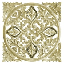Hand Carved 24 in. Decorative Wood with Mirrored Glass Mosaic Accents Wall Panel in Rustic Golden Ivory Floral Scroll Relief Wall Sculpture Three Dimensional Home Decor Accents in Square Shape