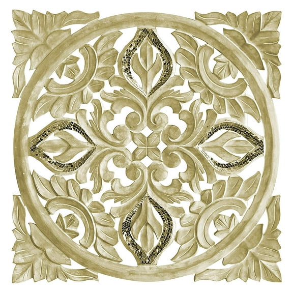 Hand Carved 24 in. Decorative Wood with Mirrored Glass Mosaic Accents Wall Panel in Rustic Golden Ivory Floral Scroll Relief Wall Sculpture Three Dimensional Home Decor Accents in Square Shape