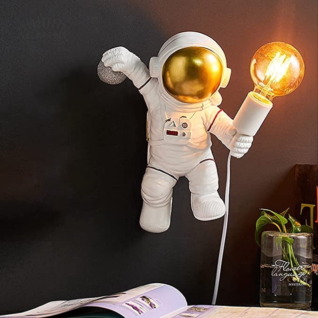 Lámpara de pared para niños con interruptor y enchufe, lámpara de pared moderna de astronauta para habitación de niños con cable, luz de pared interior E27 para niños y niñas, luz nocturna, blanco (s TUNC Sencillez