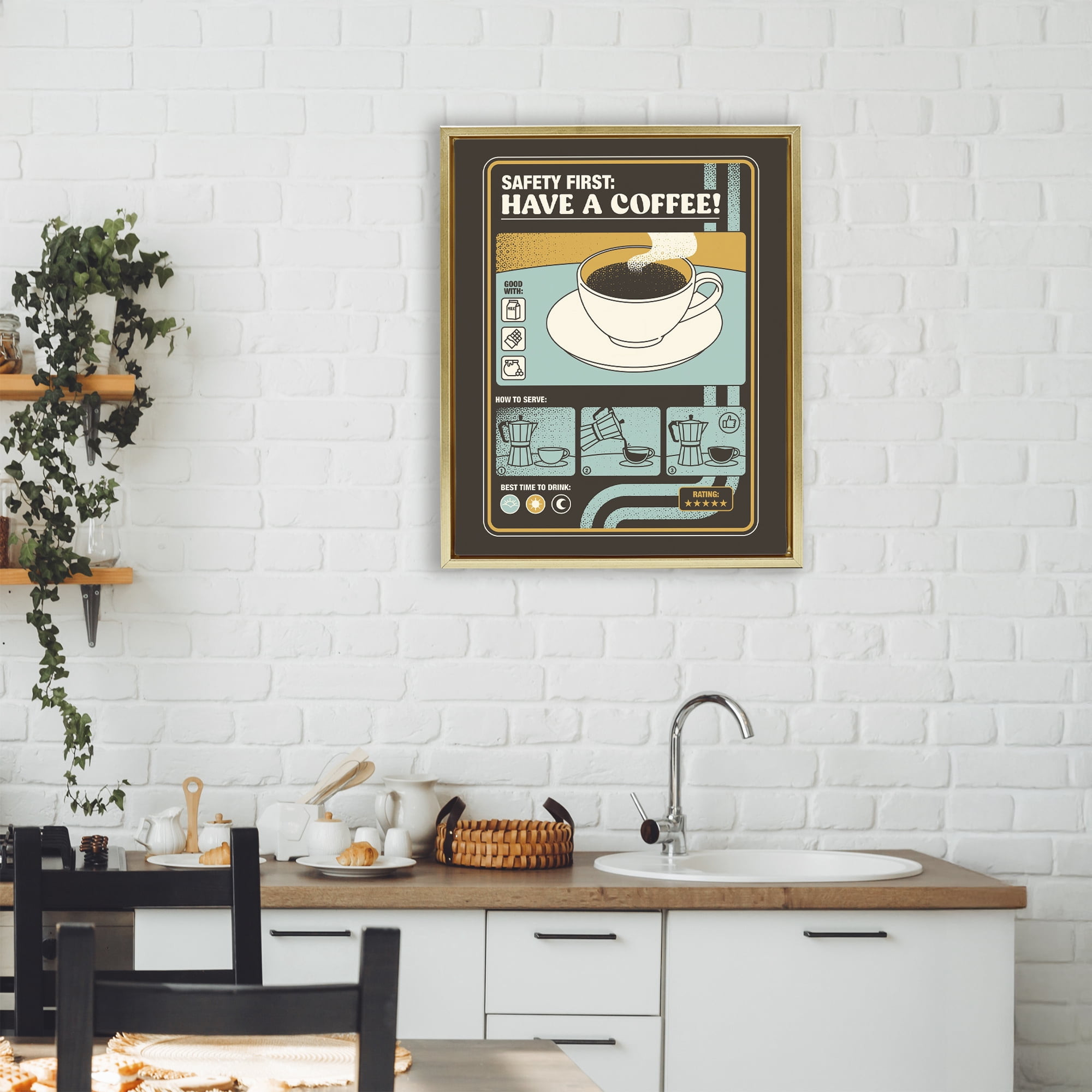 Stupell Industries Safety First Have A Coffee Gold Framed Floater Canvas Wall Art, design by Tobe Fonseca