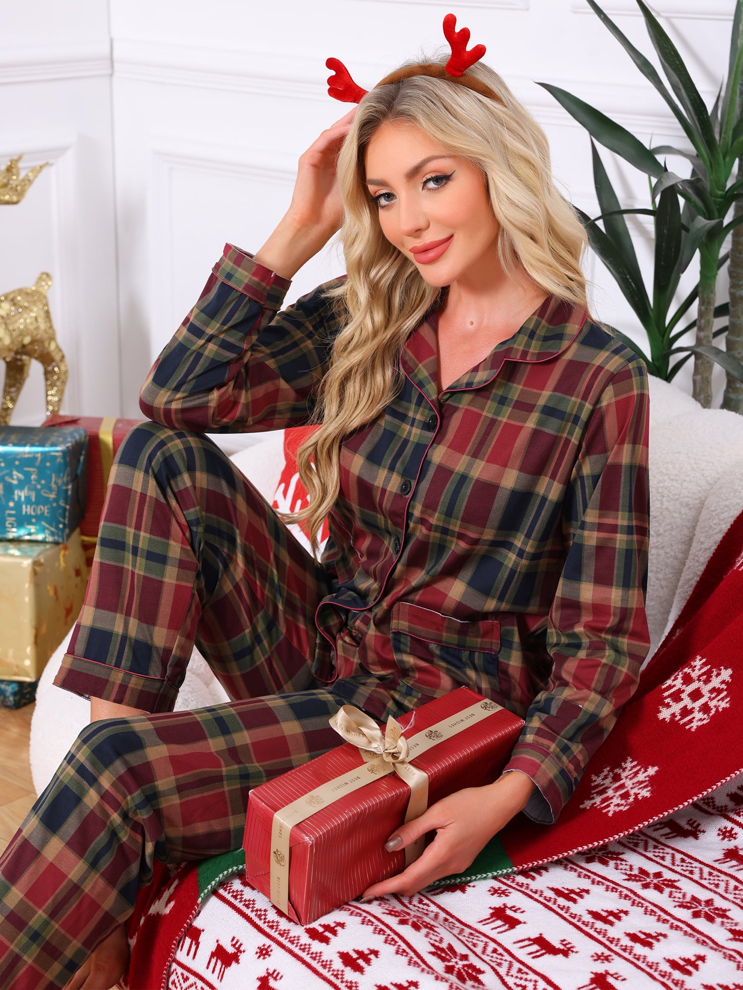 DARING DIVA Women's Plaid Christmas Pajama Sets with Pockets and Pants S Long Slevee Red