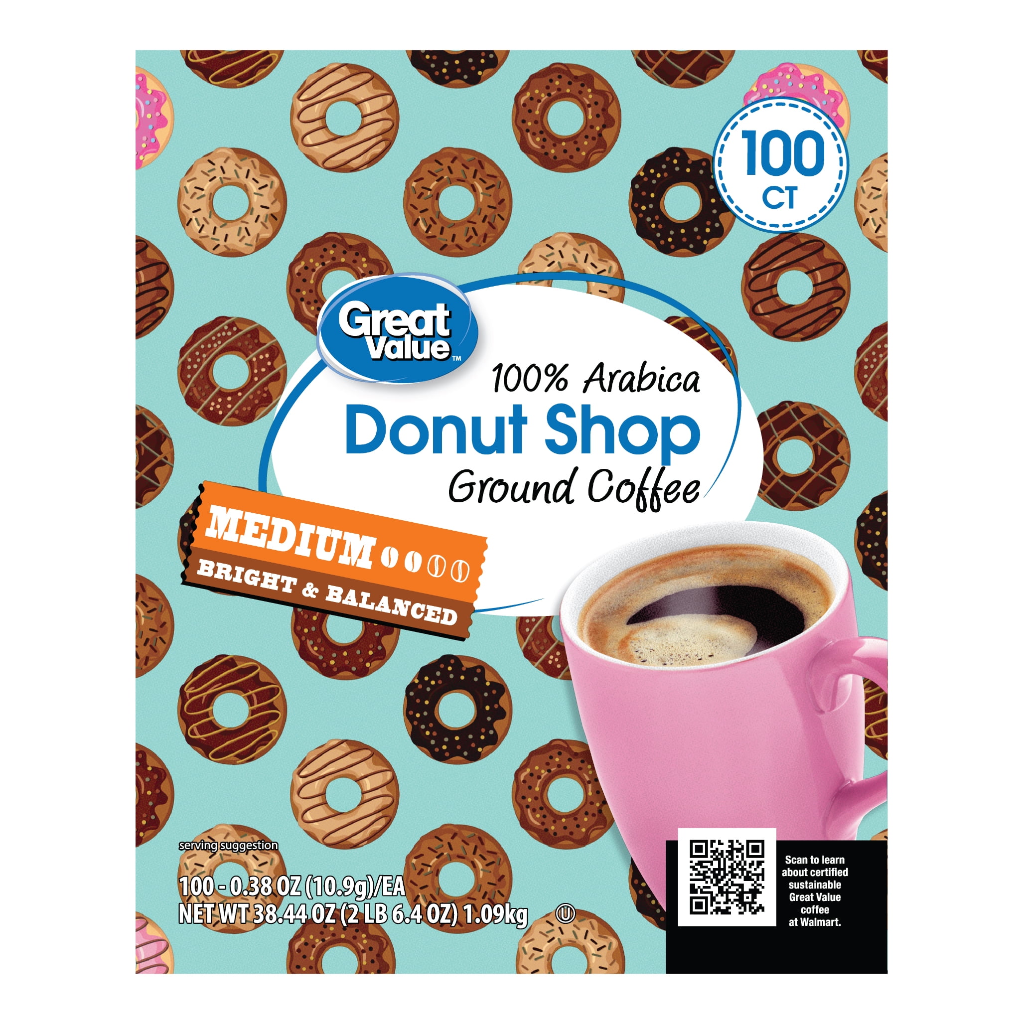 Great Value Donut Shop 100% Arabica Medium Roast Ground Coffee Pods, 38.4 oz, 100 Count
