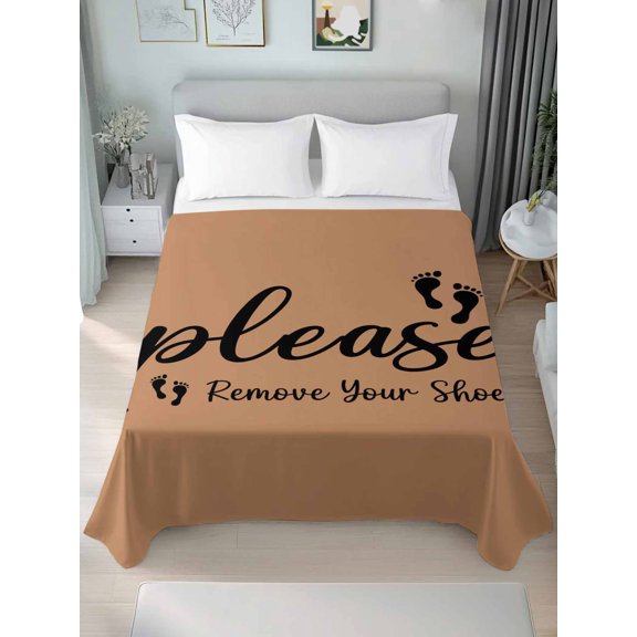 Queen Flat Sheet Only Please Remove Your Shoes Text Soft Microfiber Cooling Bedding Sheets Black Footprint on Brown Flat Bed Sheet for Hotel,Home Decor