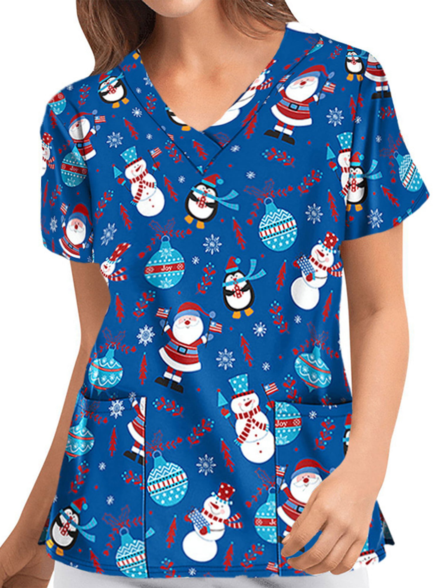 DressLksnf Christmas Nurse Scrubs,Women Snowflake Santa Print Uniform Tunic Top Shirt Women Nursing Snowman Print Hospital Workwear Fashion Plus Size Scrubs Uniforms Comfortable Loose Women Shirt
