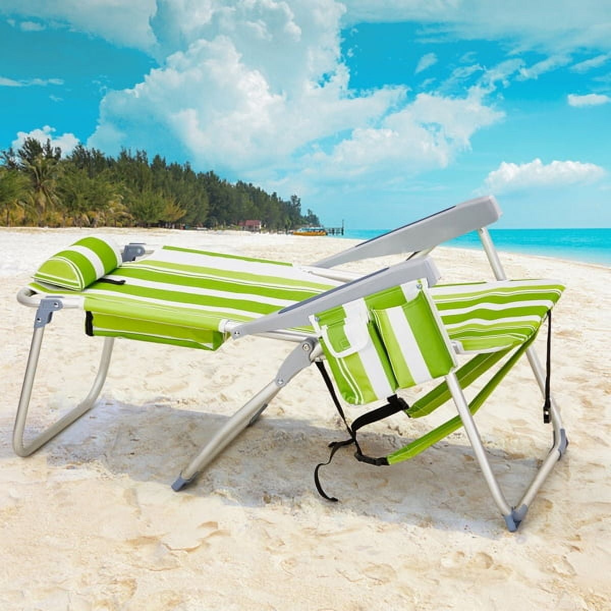 63*70*99cm Heightened Oxford Cloth Silver White Aluminum Tube Bearing 100kg Beach Chair Green Stripes