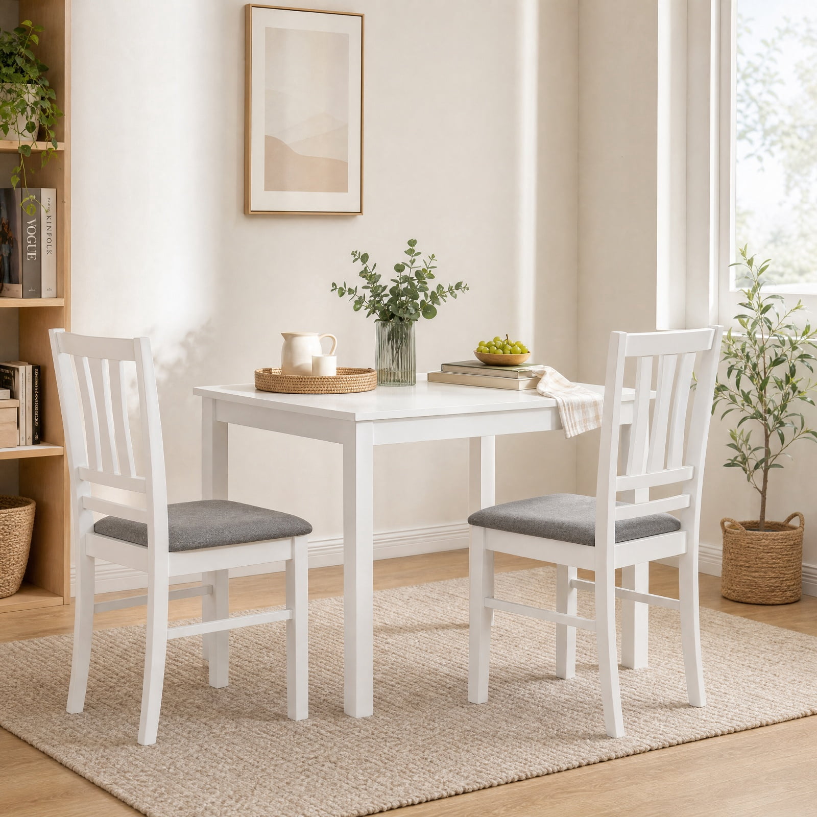 Furnibear Set of 2 Linen Style Upholstered Kitchen Chairs with Slatted Backrest and Rubber Wood Frames for Dining Room, White
