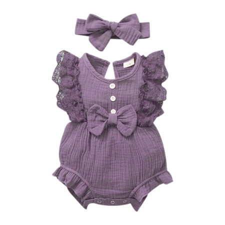 

2Pcs/Set Newborn Baby Girls Cute Bow Romper Summer Outfits Lace Ruffled Sleeve Jumpsuit Bodysuit+Headband Infant Clothes 0-18M