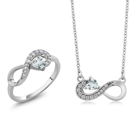 Gem Stone King 925 Silver Sky Blue Aquamarine Infinity Ring Pendant Jewelry Set for Women (0.81 Cttw, Gemstone March Birthstone, Heart 4MM, with 18 inch Silver Chain, Size 8)