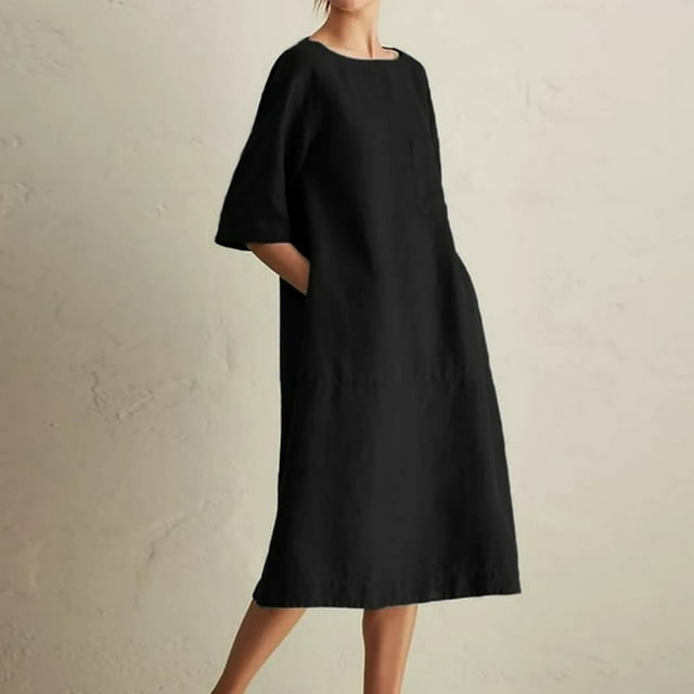 JUNWELL Caftan Ample Robe Longue pour Femmes Grande Taille Robe en Lin Été Décontractée Sans Manches Col Ras du Cou Poches Robe Maxi