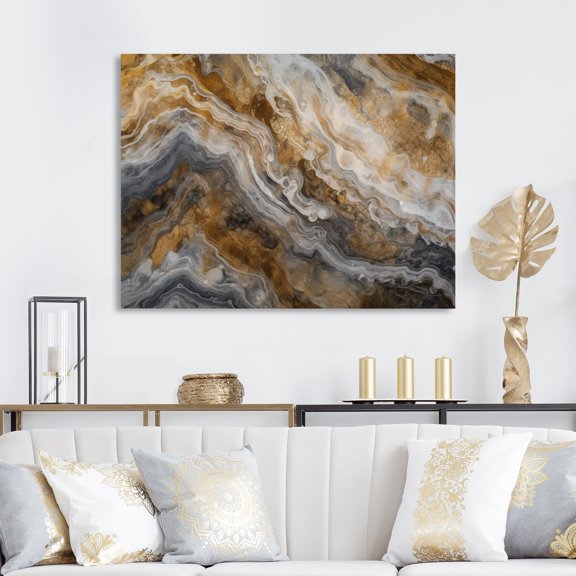 DESIGN ART Designart "Gold And Grey A Marble Effect Iii" Abstract Marble Canvas Wall Art 44 in. wide x 34 in. high