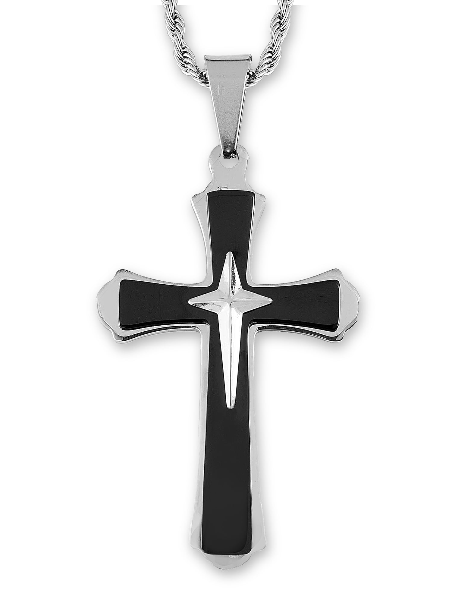 30mm Stainless Steel Cross Pendant & 3mm Black Leather Necklace 16" 18" 20" etc