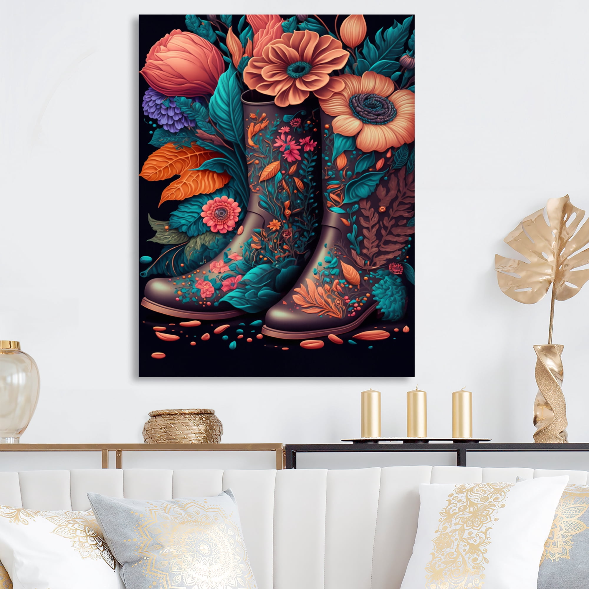 Designart Bright Floral Bouquet In Farm Boots I Canvas Wall Art