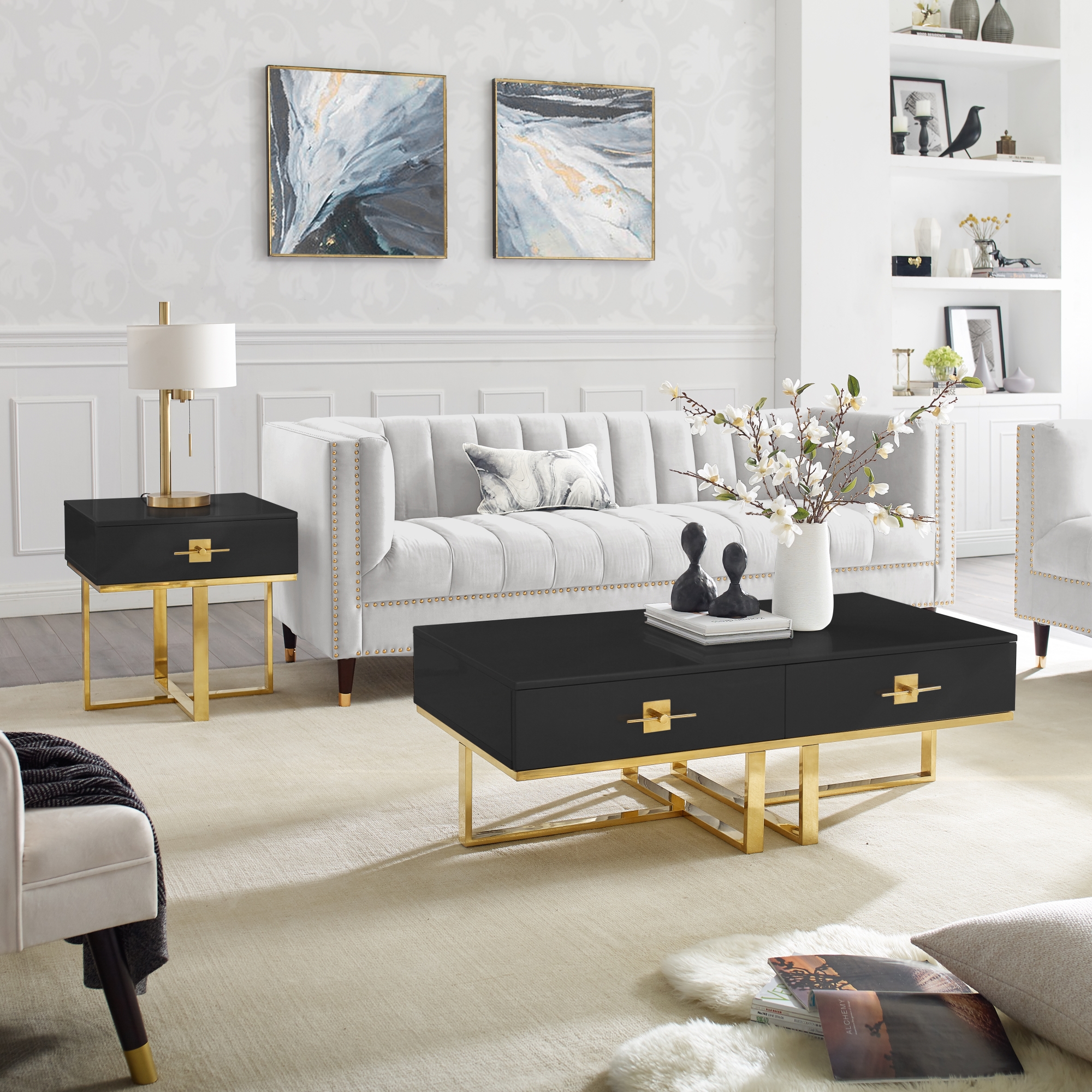 Hilo Black Gold Side Table - 1 Drawer, Hight Gloss Lacquer Finish, Polished Stainless Steel Base