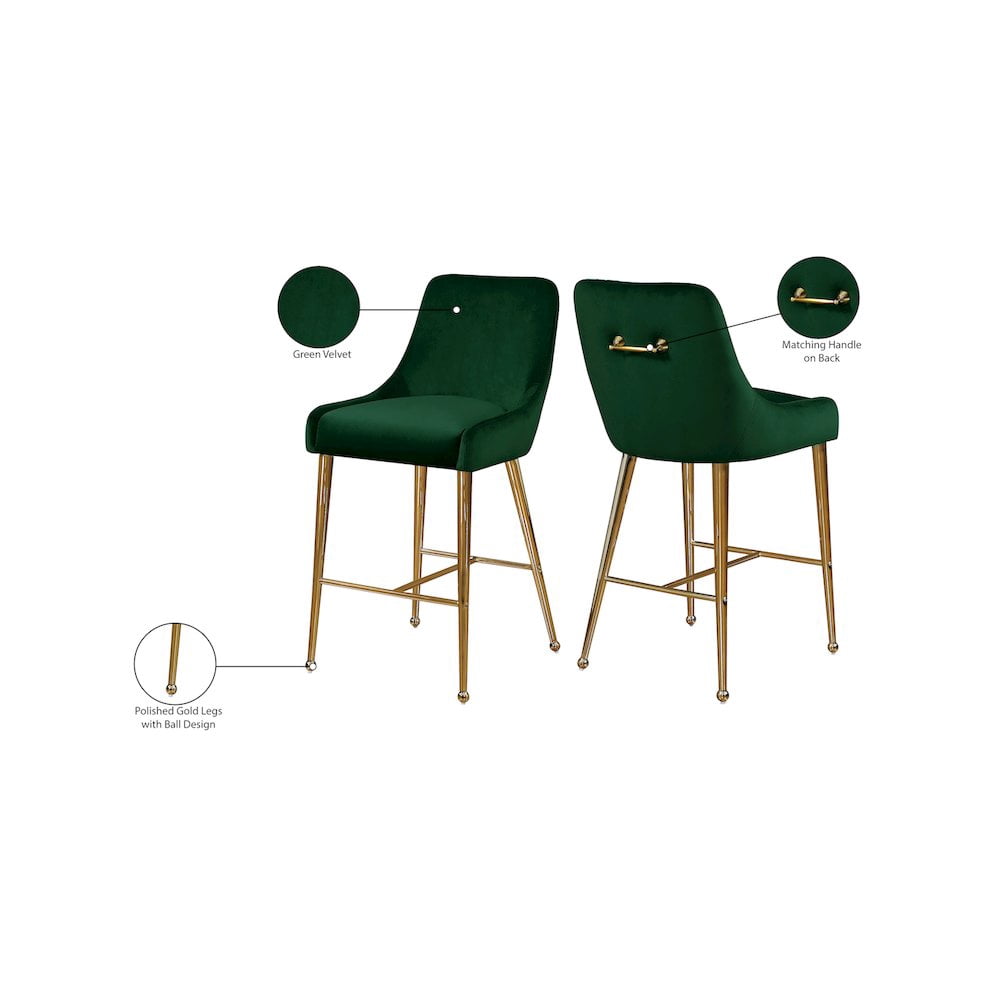 Meridian Furniture Owen 28"H Velvet Bar Stool in Green (Set of 2)
