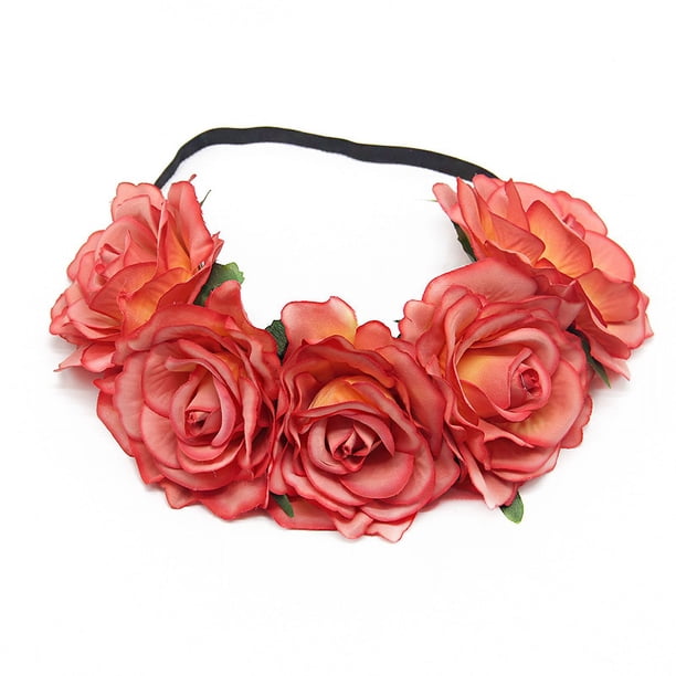 Xiao Hua Corona de rosas para bodas, festivales, diadema, guirnalda para el cabello, tocado de boda (rojo claro)
