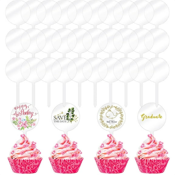 NOGIS 30 Pcs 2 Inch Clear Blank Acrylic Cupcake Toppers Round DIY Custom Cupcake Topper,Personalized Cupcake Topper Sticks for Birthday Party Baby Shower Wedding Party Decoration