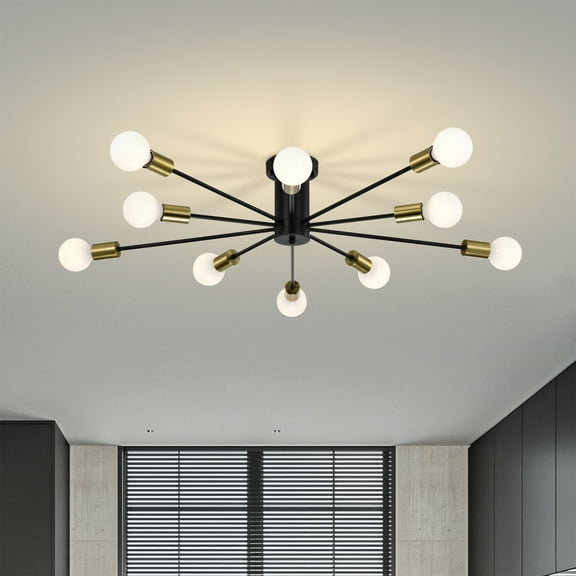 Pimlin 38 in. 10-Light Indoor Matte Black and Brass Finish Semi-Flush Mount Ceiling Light