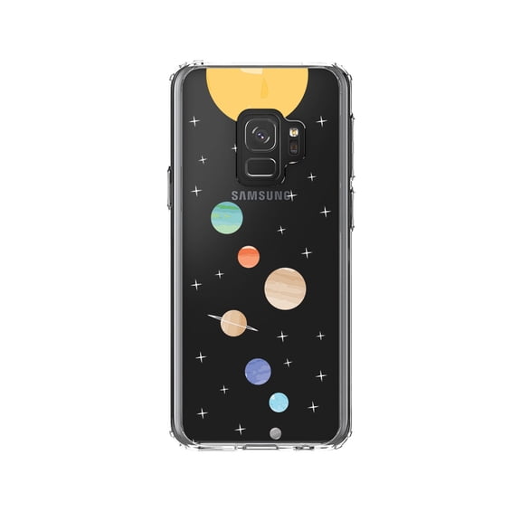 DistinctInk Clear Shockproof Hybrid Case for Samsung Galaxy S9 (5.8" Screen) - TPU Bumper, Acrylic Back, Tempered Glass Screen Protector - Solar System - Planets with Sun