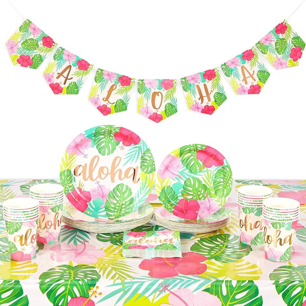 Serves 24 Tropical Aloha Luau Party Supplies Decorations with Banner, Tablecloth, Paper Plates