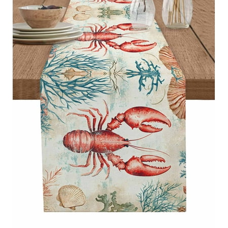 

Table Runner Vintage Lobster Shell Coral Nautical Ocean Marine Life Table Runners Dresser Scarves Holiday Kitchen Dining Table Decoration for Home Party Indoor 13x72 Inch