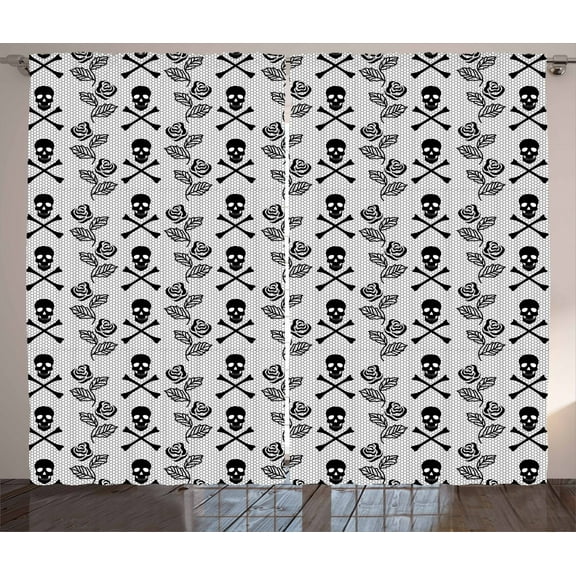 Ambesonne Gothic Curtains 2 Panel Set, Lace Style Roses Skulls, 108" x 63", Black White