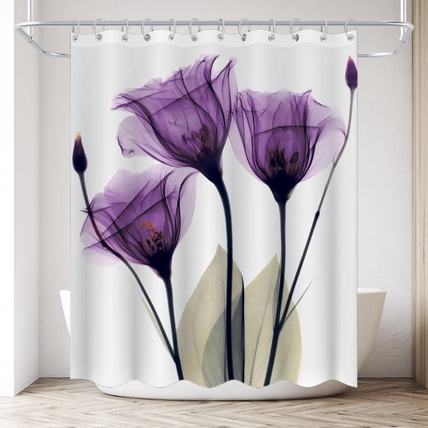Cortina de ducha púrpura tulipán, cortina de ducha impermeable, cortinas de ducha decorativas para baño con ganchos, 72 pulgadas x 79 pulgadas