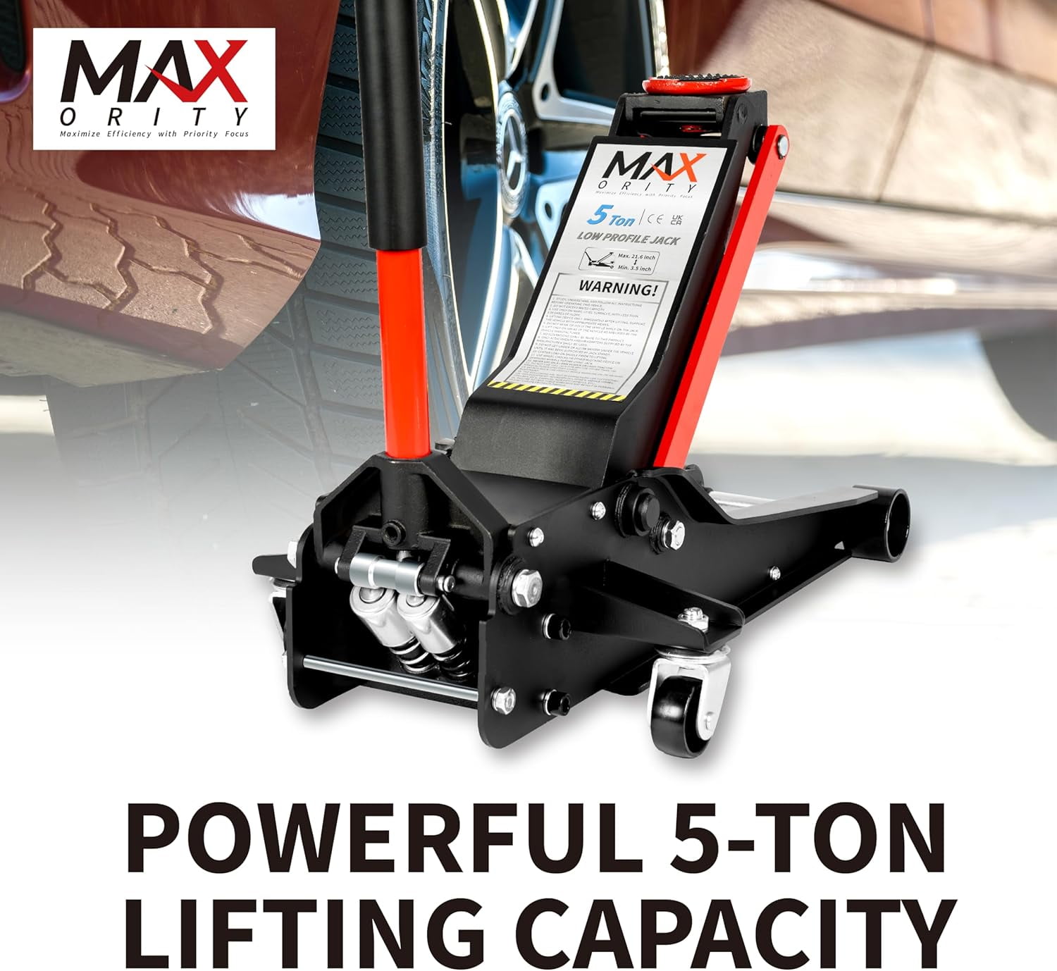 Maxority 5-Ton (11000lbs) Low Profile Hydraulic Super Heavy-Duty Steel Floor Jack with Dual Pistons Quick Lift Pump (Red, 5 Ton Low Profile)