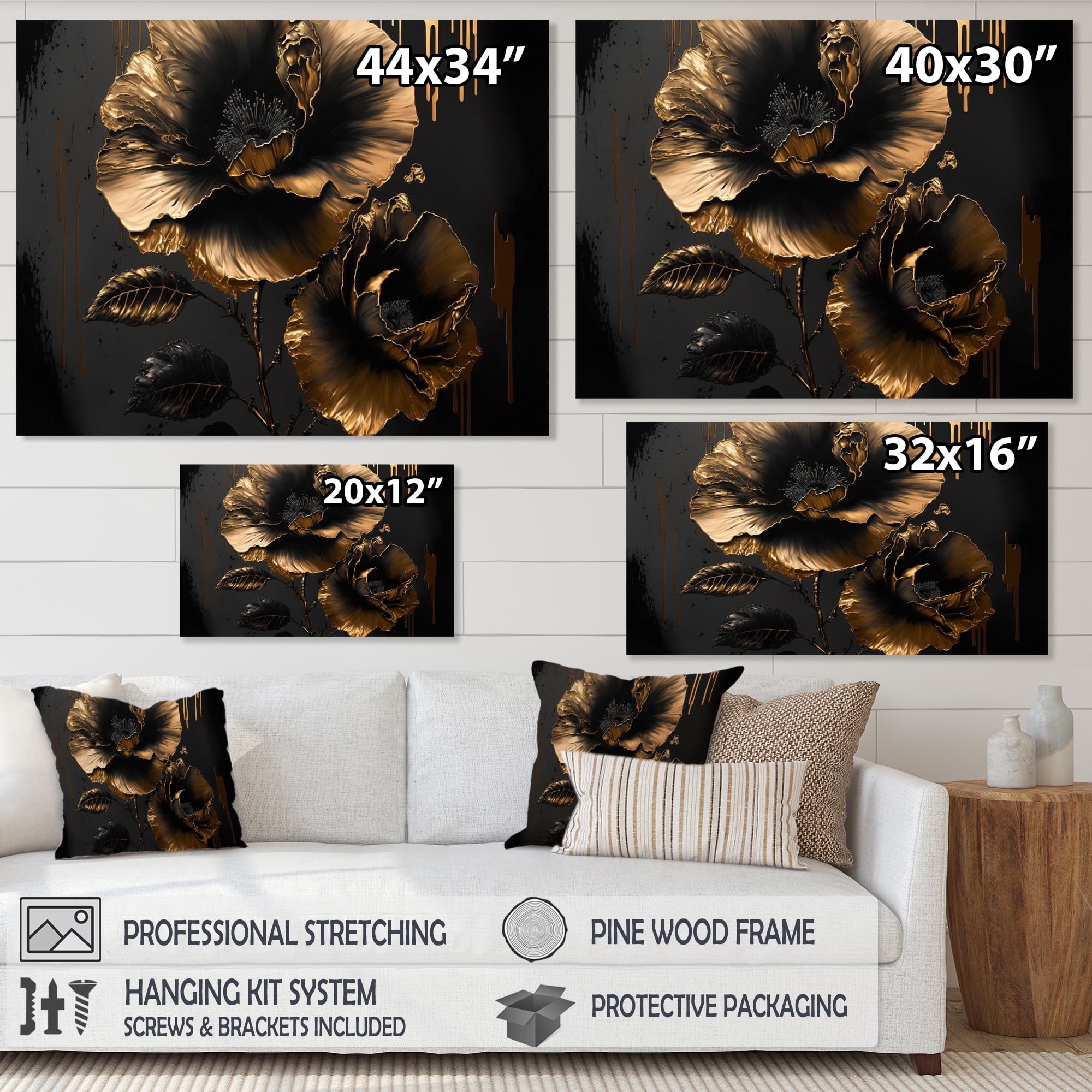 Designart Black And Gold Hibiscus I Canvas Wall Art