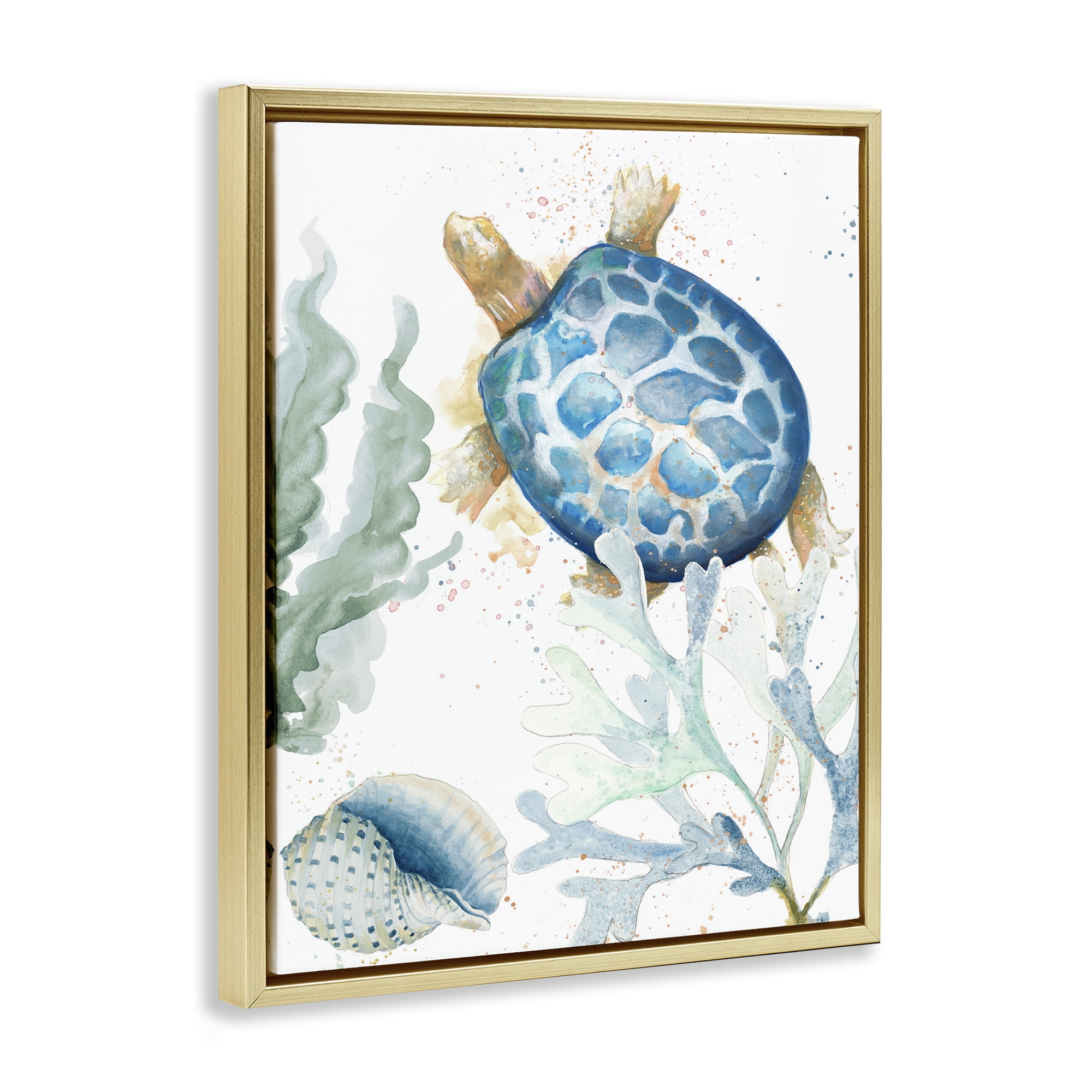 Stupell Industries Speckled Turtle & Coral Animals & Insects Painting Gold Floater Framed Canvas Art Print Wall Art, 25 x 31