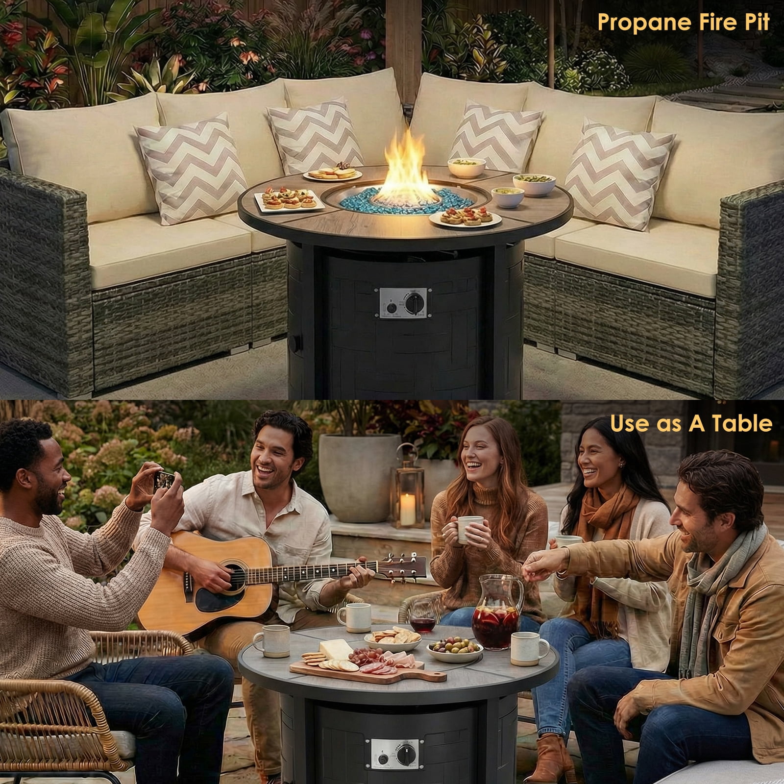 TLGREEN 30" Propane Fire Pit Table with Lid and Blue Stone, 50,000 BTU Auto-Ignition Round Gas Fire Pit for Outdoor, Backyard (Gray)