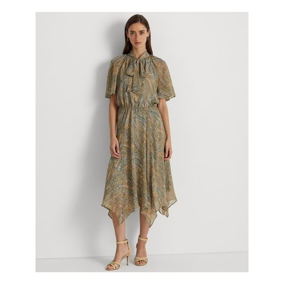 LAUREN RALPH LAUREN Womens Light Blue Paisley Short Sleeve Tie Neck Midi Wear To Work Shift Dress 14