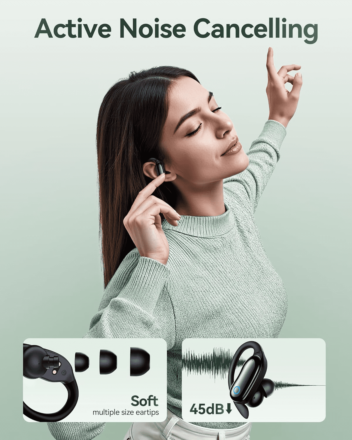 GNMN Active Noise Cancelling Ear Buds Wireless Earbuds 96hrs Playback Bluetooth Headphones Dual Battery Display Stereo Bass Earphones with Earhooks Microphone IPX7 Waterproof for Sports/Workout