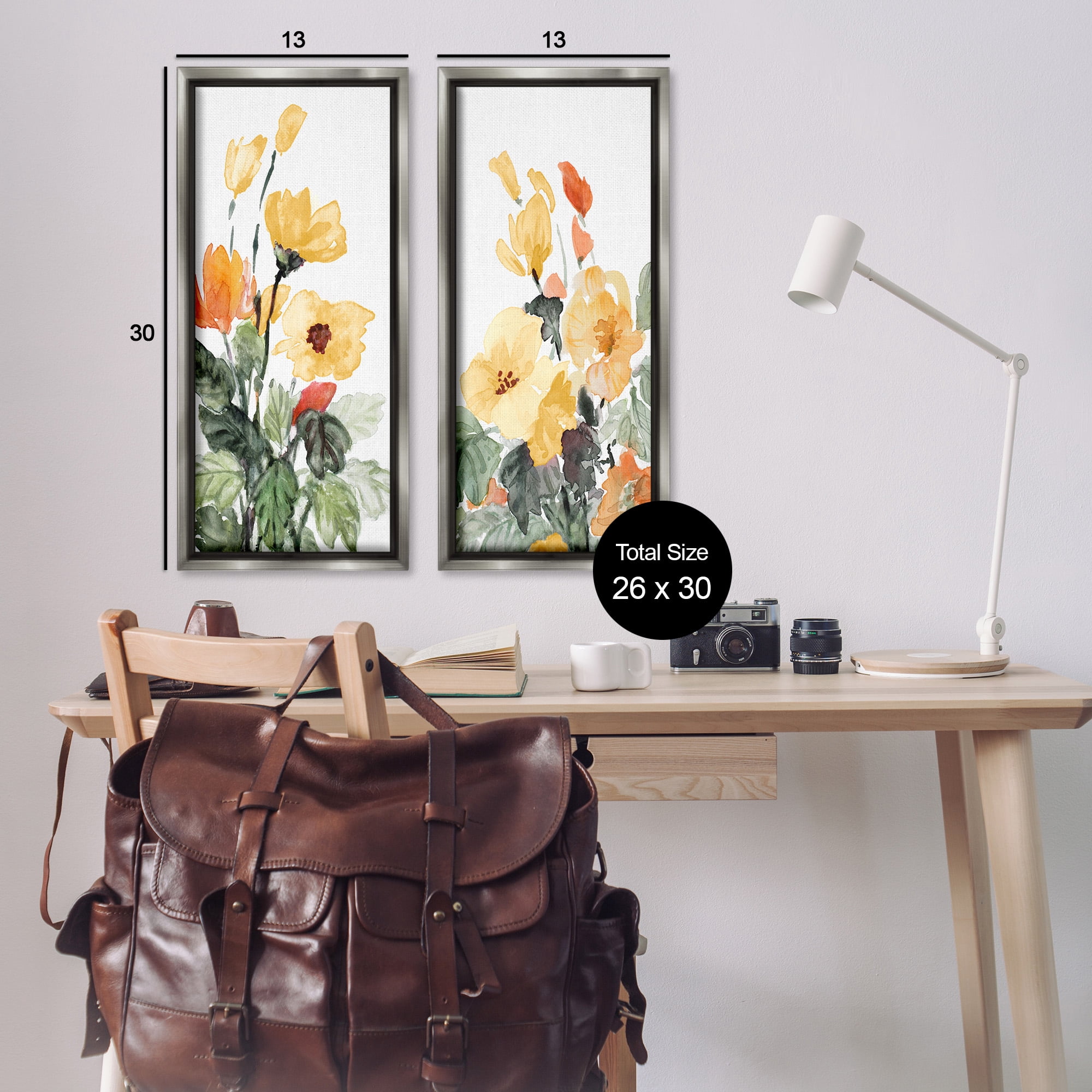 Stupell Industries Yellow Spring Flowers Botanical & Floral Painting Gray Floater Framed Canvas Art Print Wall Art, 15 x 31, Set of 2