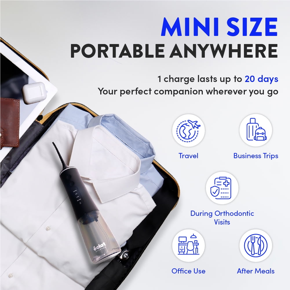 Éclat Portable Electric Waterproof Water Flosser for Deep Teeth Cleaning - 300ML Tank, USB-C Rechargable, Long Lasting 30 Day Charge, 4 Accessories Included BPA Free (Black)
