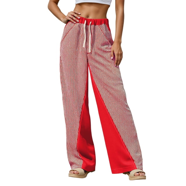 Tiweut Pantalons Décontractés pour Femmes Taille Haute Longue Jambe Grand Taille Élastique Extensible Bloc de Couleur Polyvalent Doux Long Pantalons Réguliers Rouge G