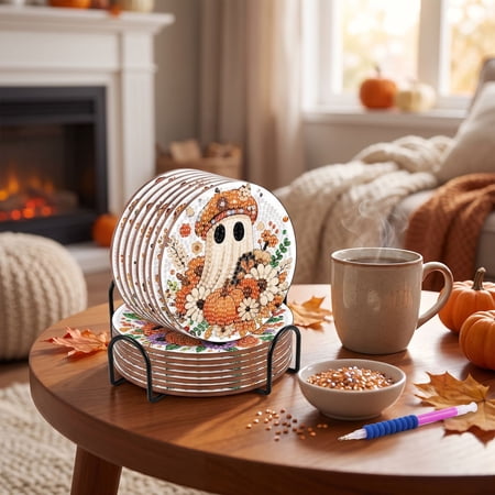 MInHoues 8 Pcs Halloween Fall Ghost Diamond Art Coasters Kit with Holder 5x5 Inch DIY Acrylic Diamond Painting Coaster Set for Adults Autumn Ghost Pumpkin Floral Drink Coasters for Table Decor