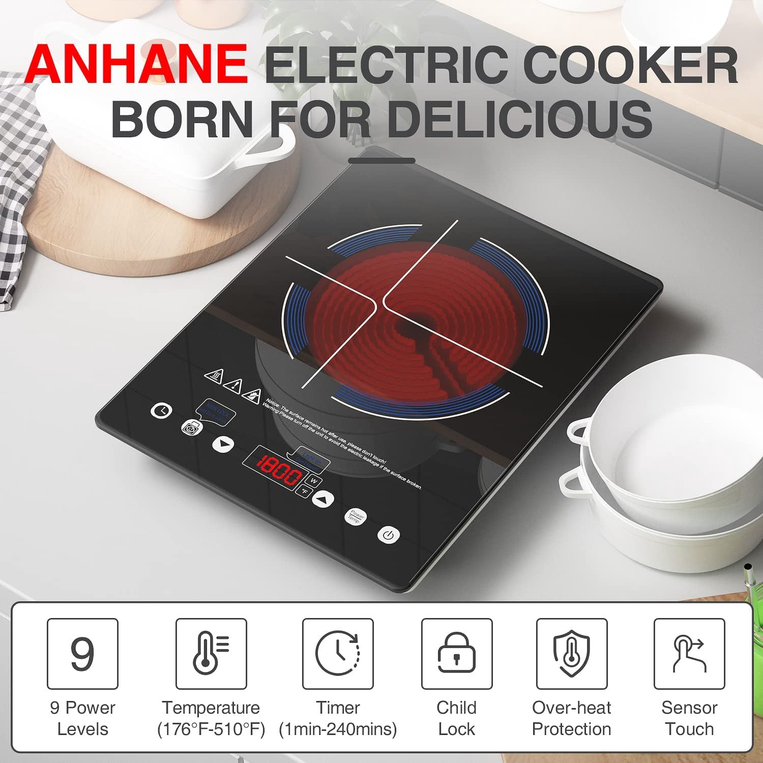 Electric Cooktop 110V, Single Burner Infrared Hot Plate 1800W, Black Crystal Glass Surface, 4-Hour Timer