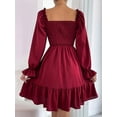 thumbnail image 5 of Women'S Square Neck Lantern Long Sleeve Ruffle Shirred Flowy Party Mini Dress Wine Red S, 5 of 8