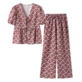 thumbnail image 2 of Conjunto de pantalón largo estampado para mujer, camisa de manga corta con cordones, pantalones informales, 2 piezas, verano 2024, 2 of 5