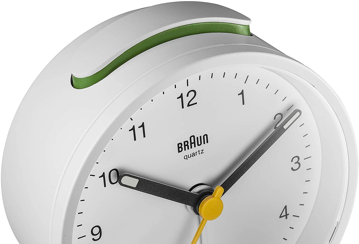 Braun Classic Analogue Alarm Clock with Snooze and Light, Quiet Quartz Movement, Crescendo Beep Alarm in White, model BC12W.