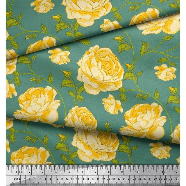 Soimoi Tissu en Rayonne Imprimé Feuilles & Roses Tissu de Couture Yard 42 Pouces de Large