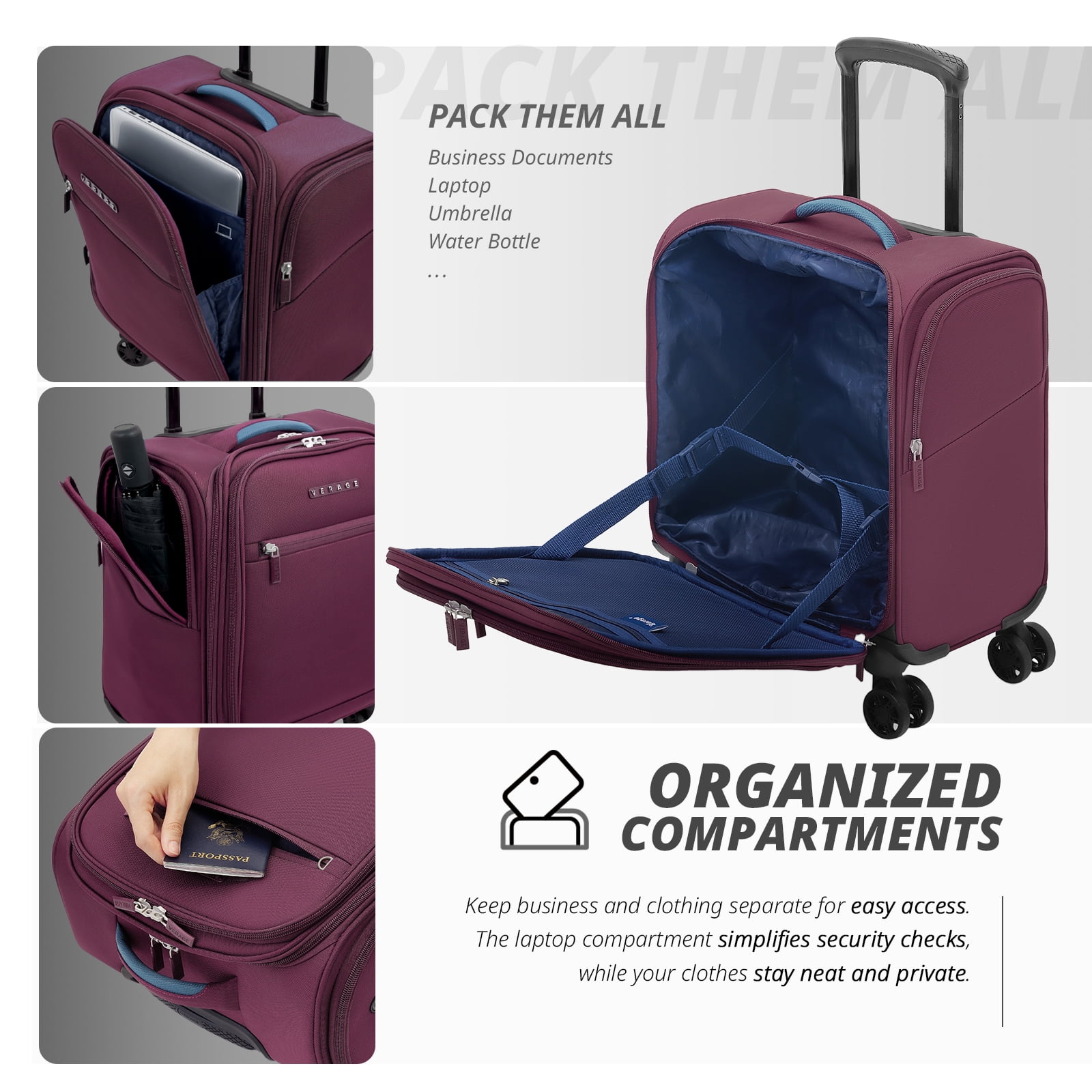 Verage Underseat Carry On Luggage with Wheels and USB Port,14 inch Wheeled Spinner Bag Carry-on Luggages for Airlines, Lightweight Suitcase Men Women, Pilots and Crew (14.5-Inch Plus Underseat Pro)