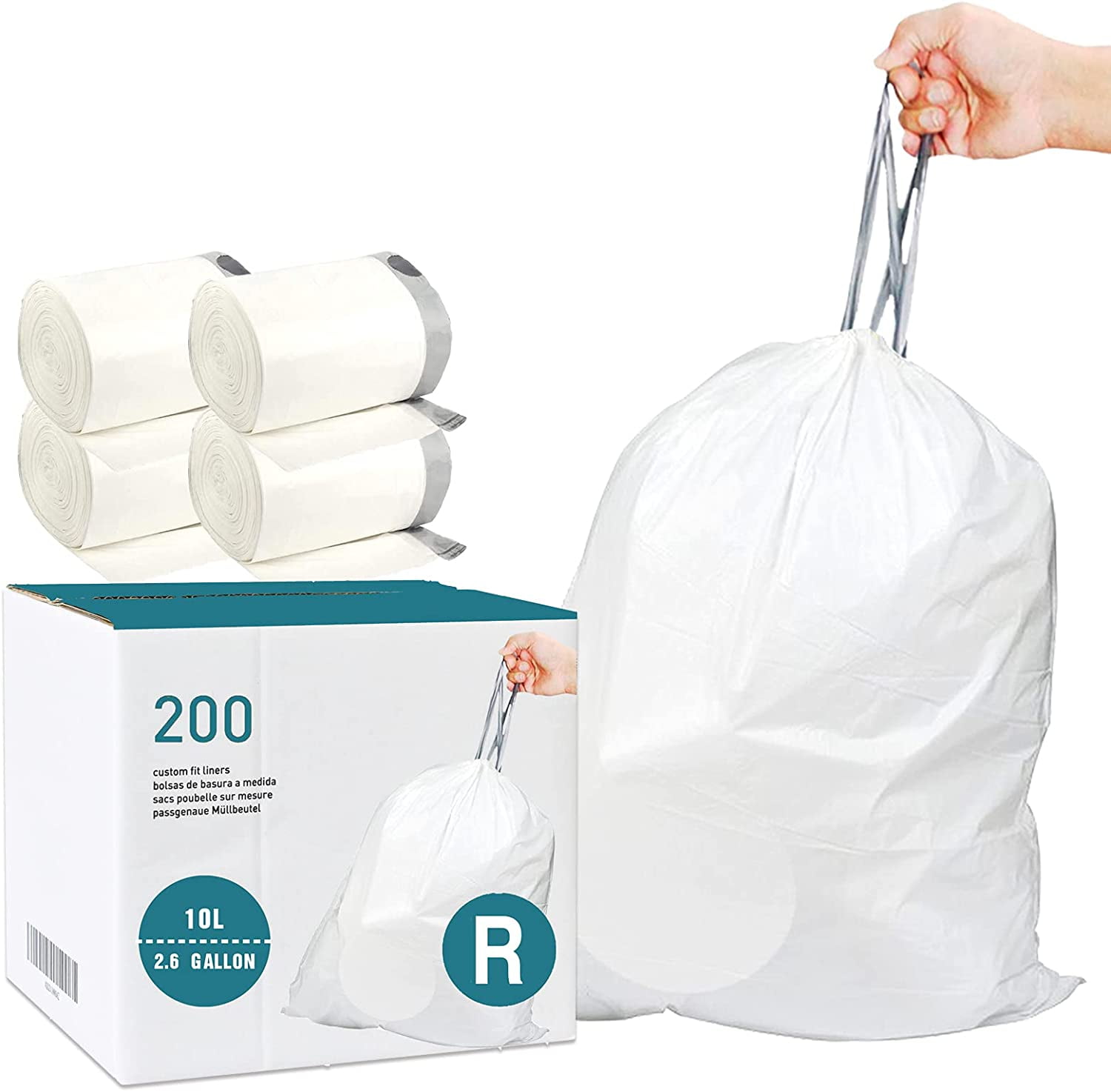 Code R (200 Count) 2.6 Gallon/10 Liter Heavy Duty Drawstring Plastic Trash  Bags Compatible with Code R, White Drawstring Garbage Liners 2.6 Gallon