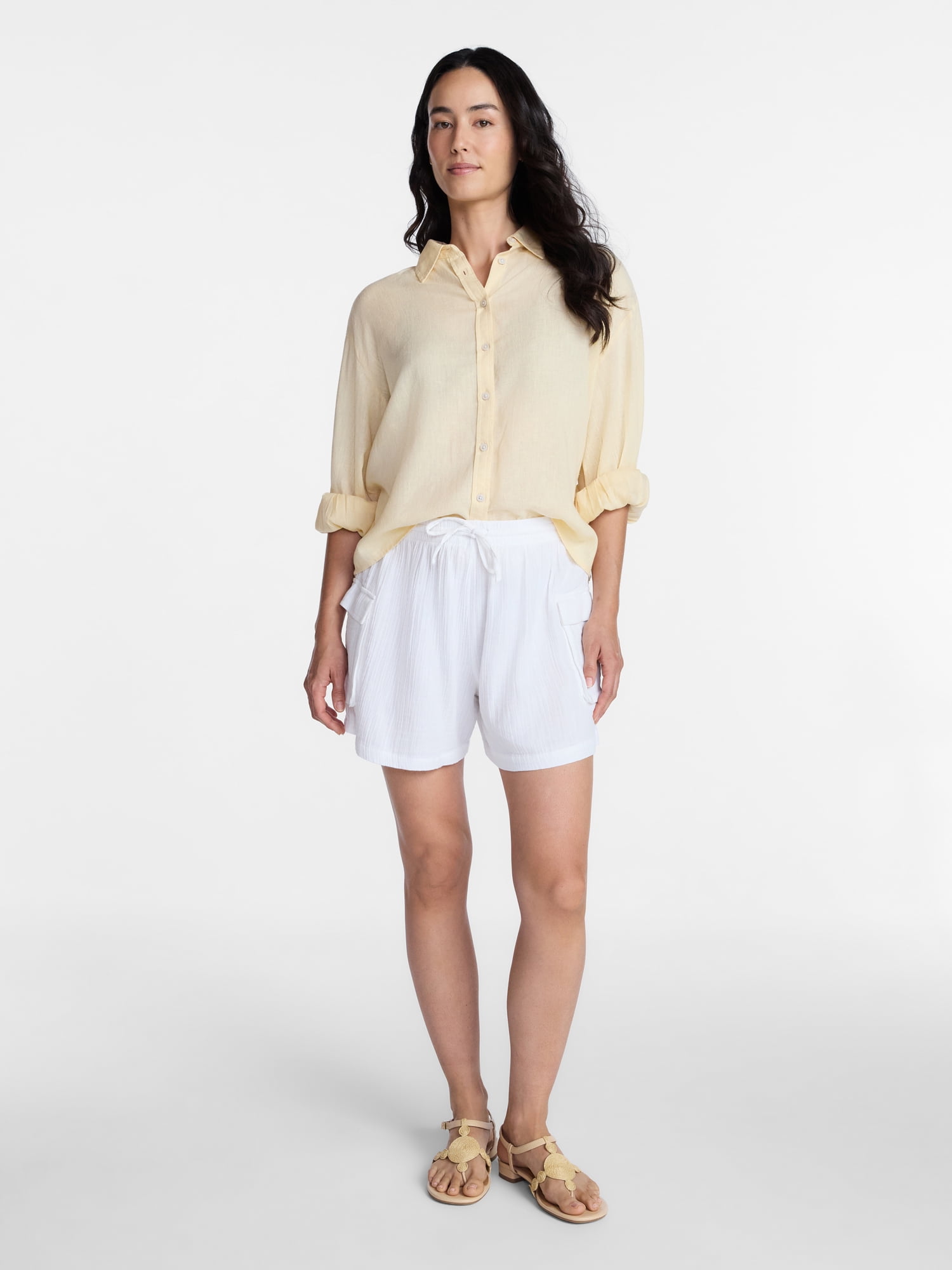 Time and Tru Women's Linen Blend Button Front Cropped Top with Long Sleeves, Sizes XS-XXXL