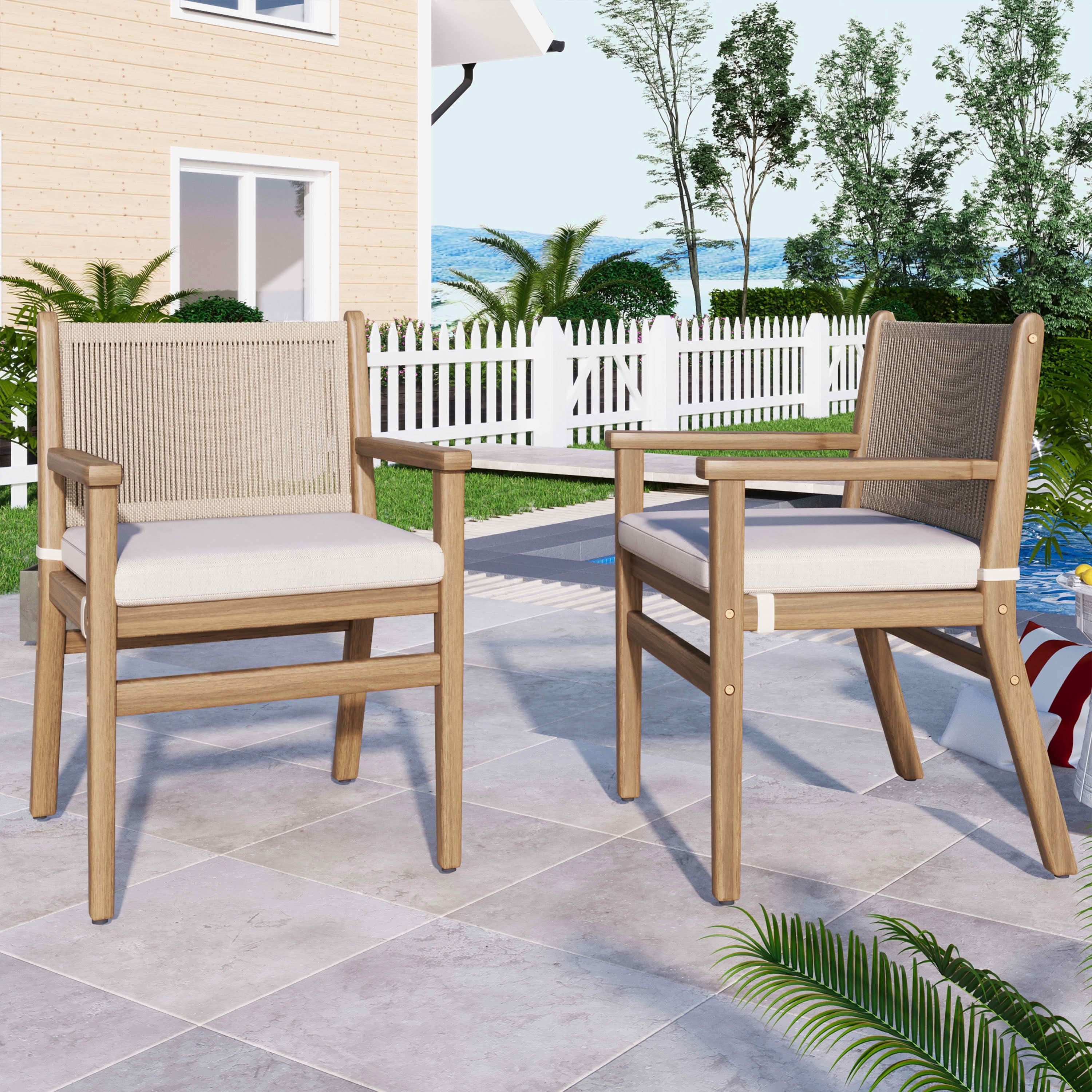 MAYEERTY Set of 2 Patio Vintage Rattan Solid Wood Dining Chairs with Waterproof Cushions