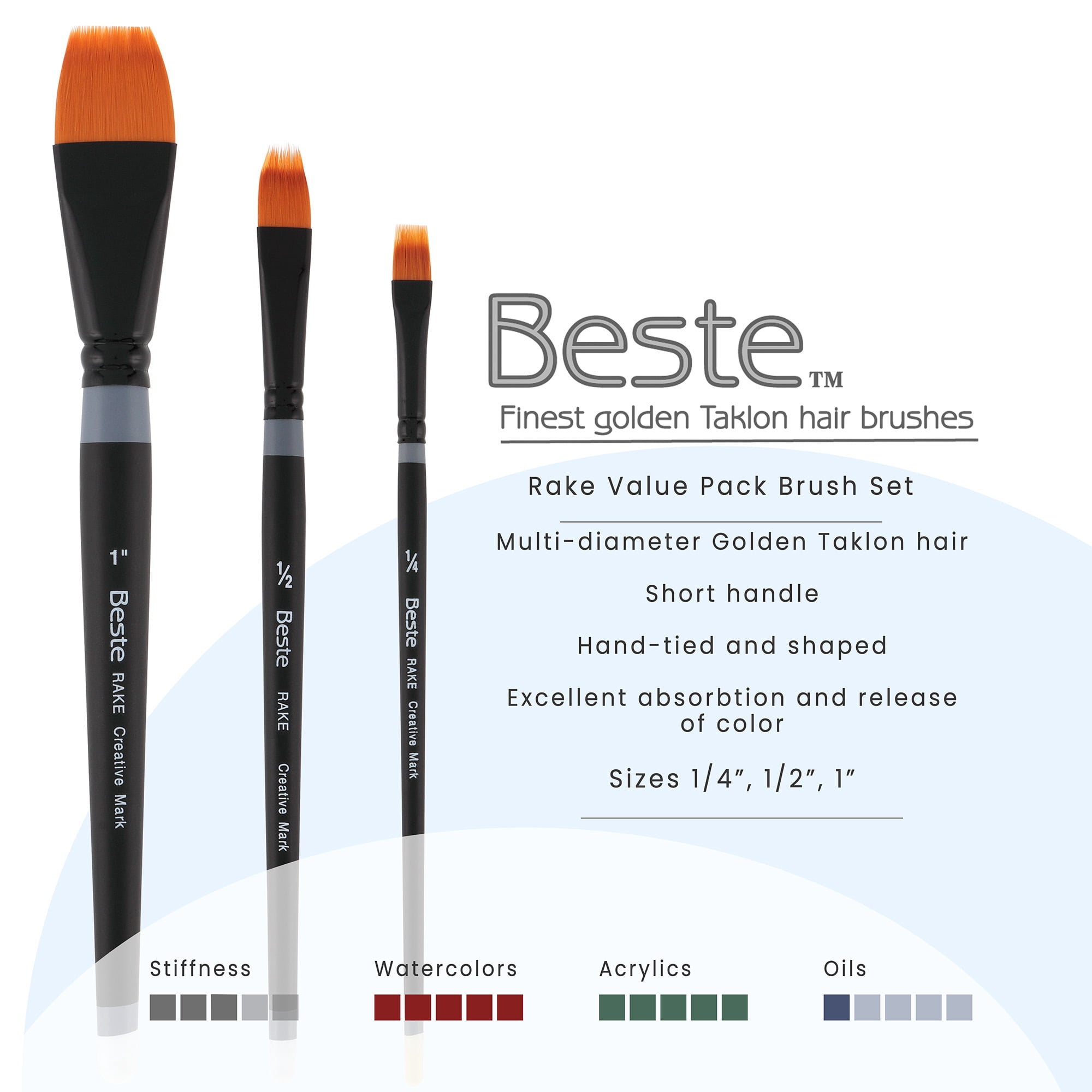 Creative Mark Beste Golden Taklon Brush Rake, Set of 3 Artist Paint Brush, Professional Watercolor Brushes, For Acrylic Painting, Short Handle, Sharp Edges, Hand-Tied & Shaped