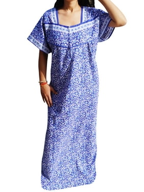 Mogul Womens Cotton Blue Caftan Dress Nightwear Summer Comfy Printed Short Sleeves Sleepwear Maxi Kaftan