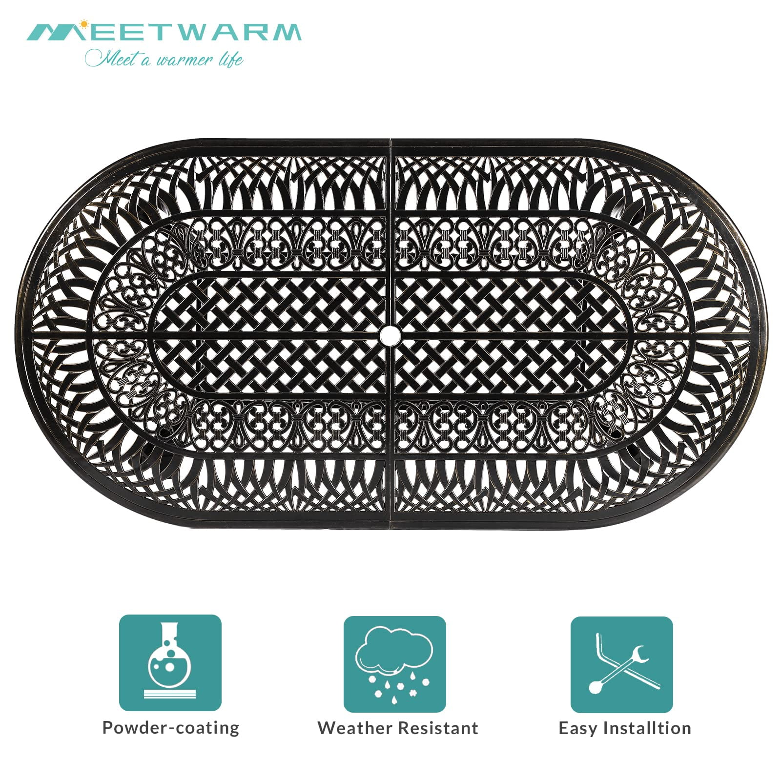 MEETWARM 9-Piece Outdoor Furniture Dining Set, All Weather Cast Aluminum Patio Garden Set with 8 Chairs, 8 Cushions, 1 Oval Table, 2.2" Umbrella Hole, Dark Bronze