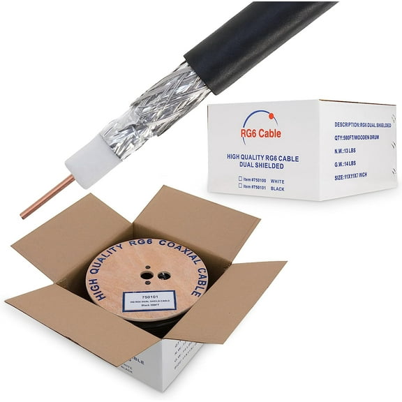 Cables Direct Online 500ft RG6 Coaxial Cable Dual Shield, 18AWG Copper Clad Steel (CCS) Core, Aluminum Braid with PVC Jacket, Black Reel Box